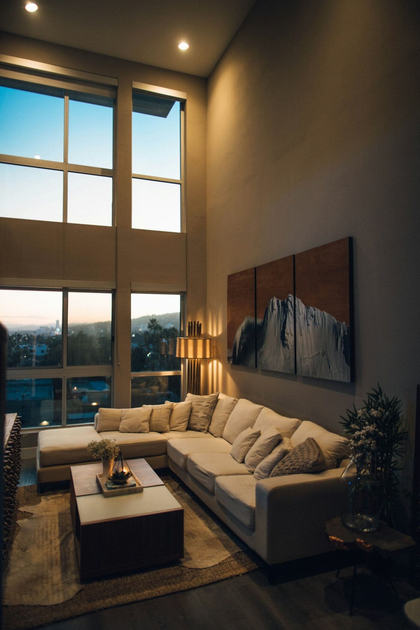 Sectional sofa in a living room at dusk